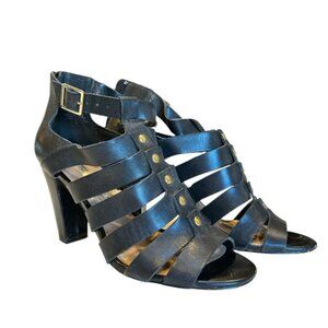 Audrey Brooke Black Strapy Heels with Gold Rivets